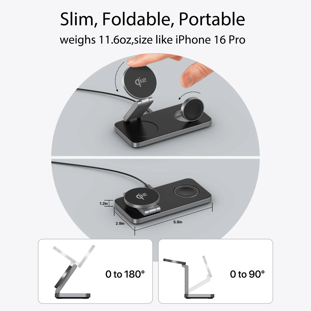 3-in-1 Qi2 Magnetic Wireless Charger for iPhone 12–16, iWatch 5–10 & AirPods Pro