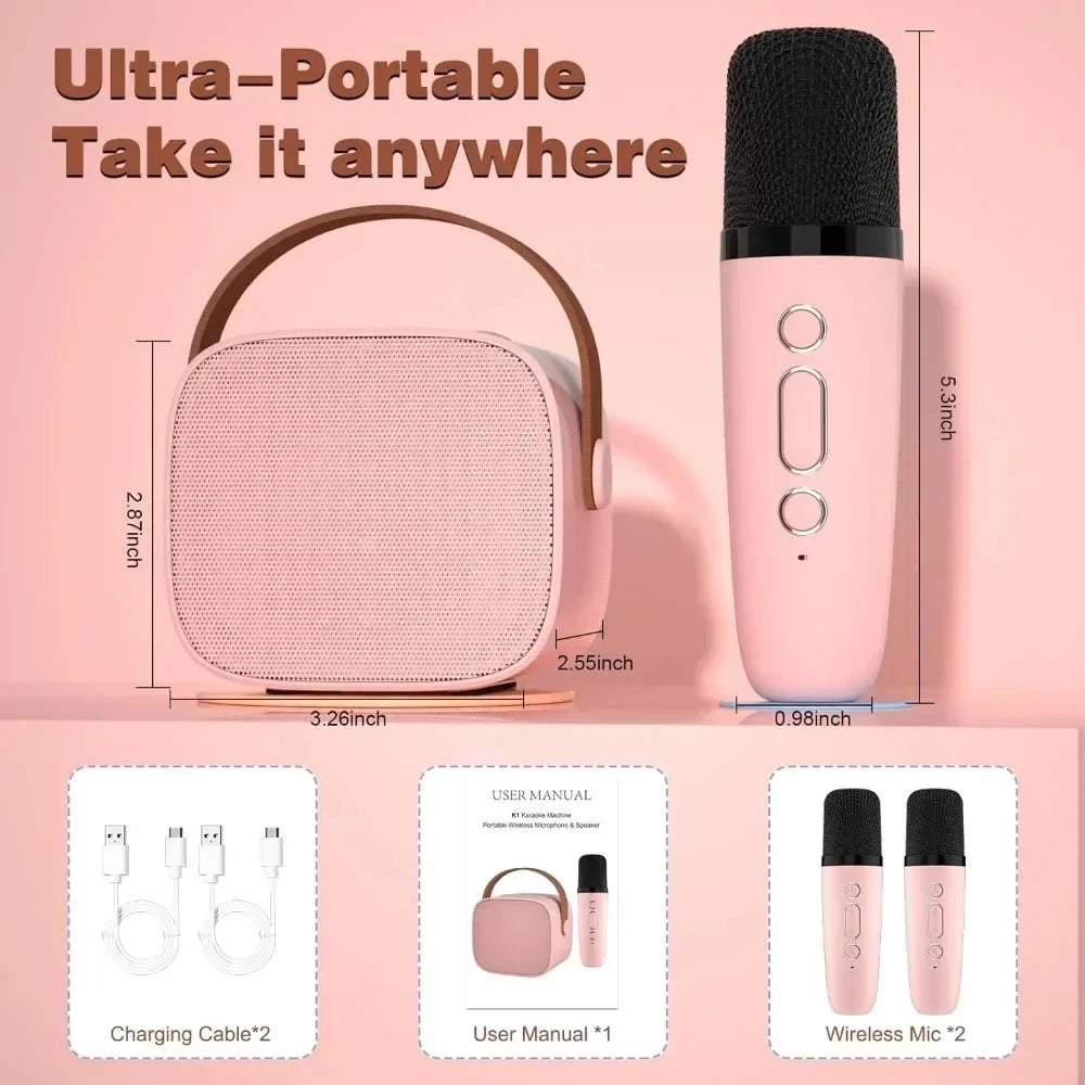 Mini Karaoke Machine Portable Speaker with 1-2 Wireless Microphones for Kids & Adults
