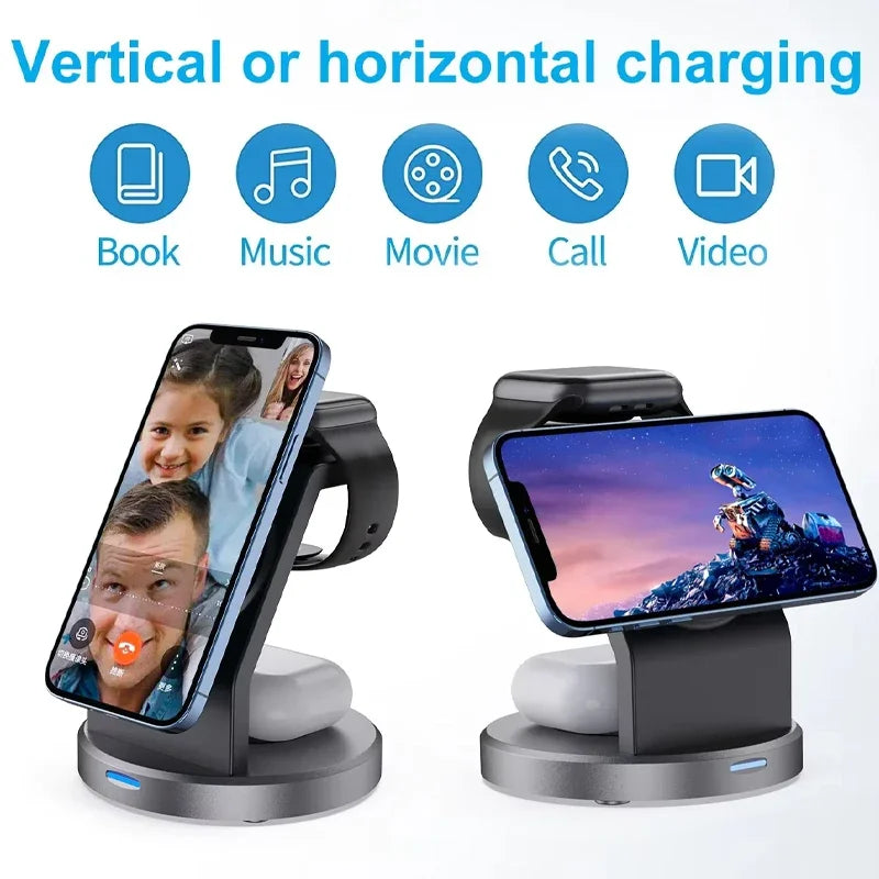 3-in-1 Magnetic Wireless Charger Stand for iPhone 12–15 Pro Max, iWatch & AirPods