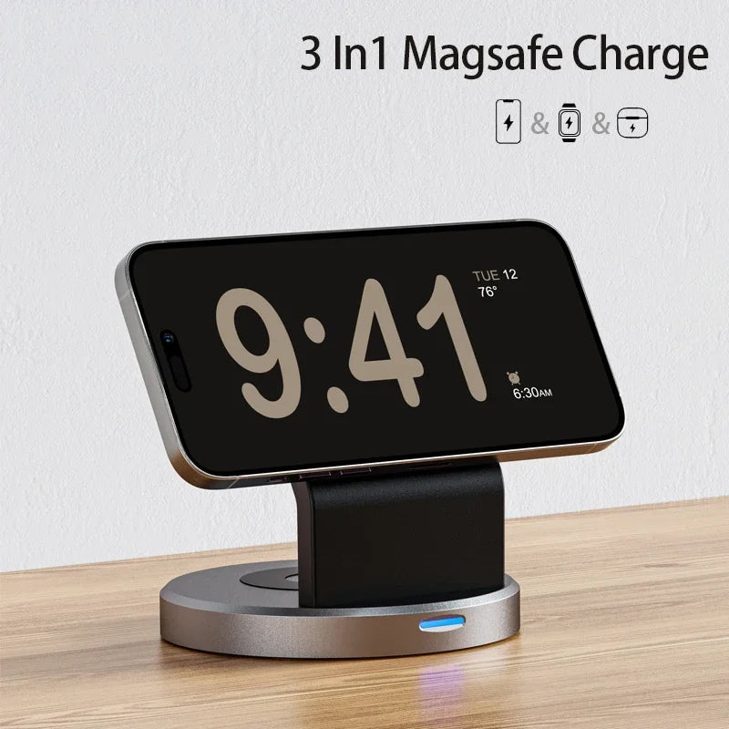 3-in-1 Magnetic Wireless Charger Stand for iPhone 12–15 Pro Max, iWatch & AirPods