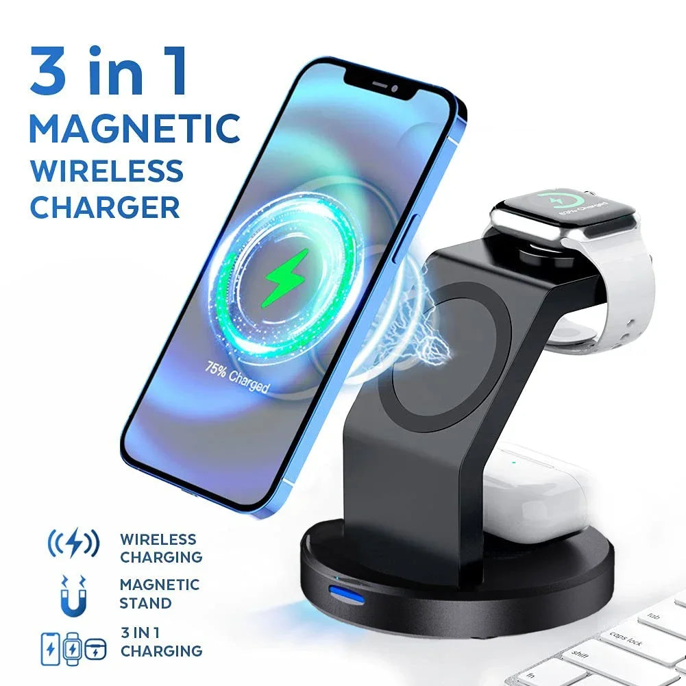 3-in-1 Magnetic Wireless Charger Stand for iPhone 12–15 Pro Max, iWatch & AirPods