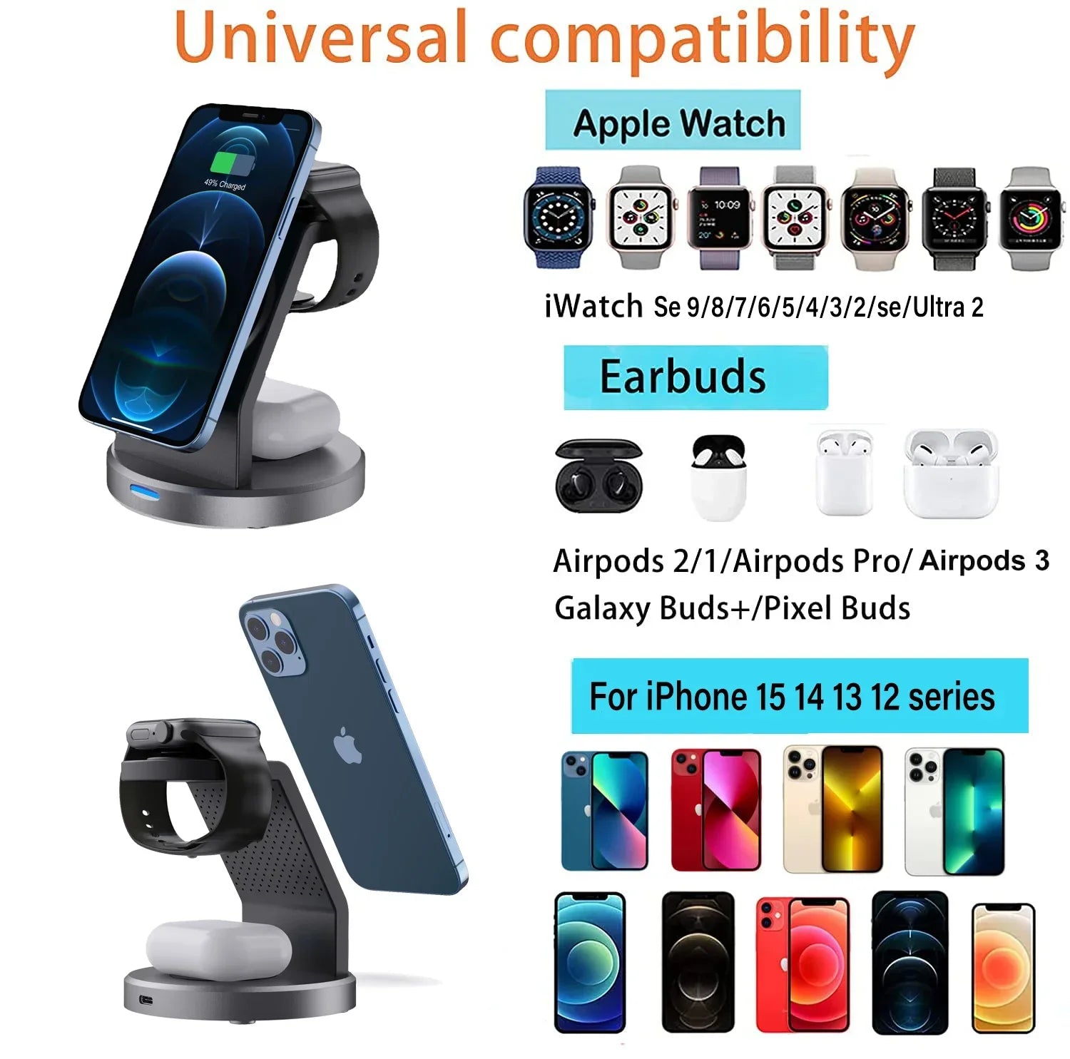 3-in-1 Magnetic Wireless Charger Stand for iPhone 12–15 Pro Max, iWatch & AirPods