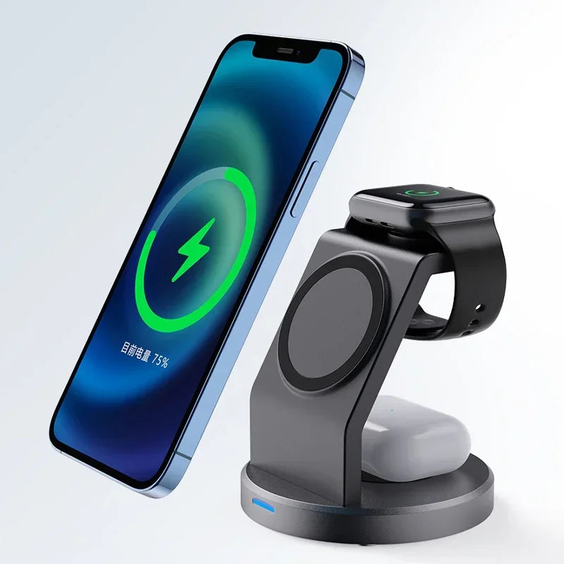 3-in-1 Magnetic Wireless Charger Stand for iPhone 12–15 Pro Max, iWatch & AirPods