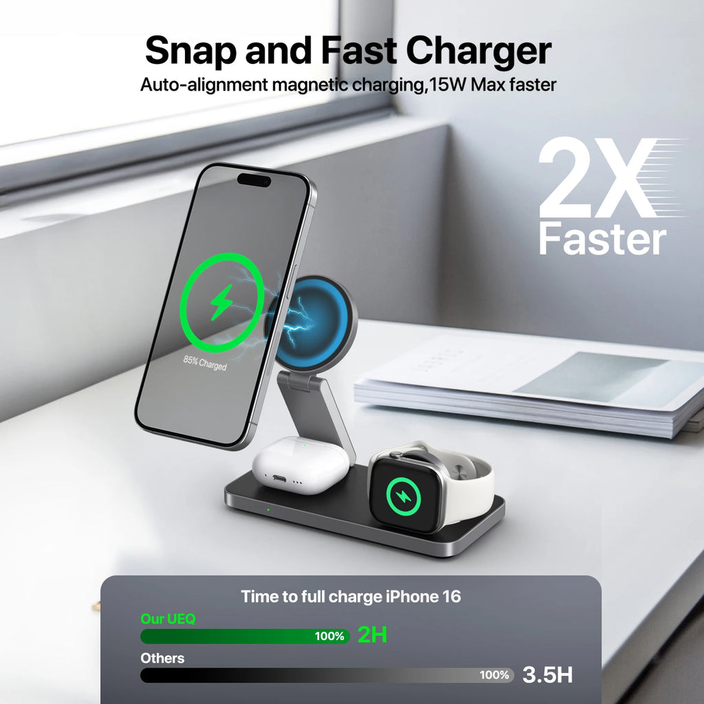 3-in-1 Qi2 Magnetic Wireless Charger for iPhone 12–16, iWatch 5–10 & AirPods Pro