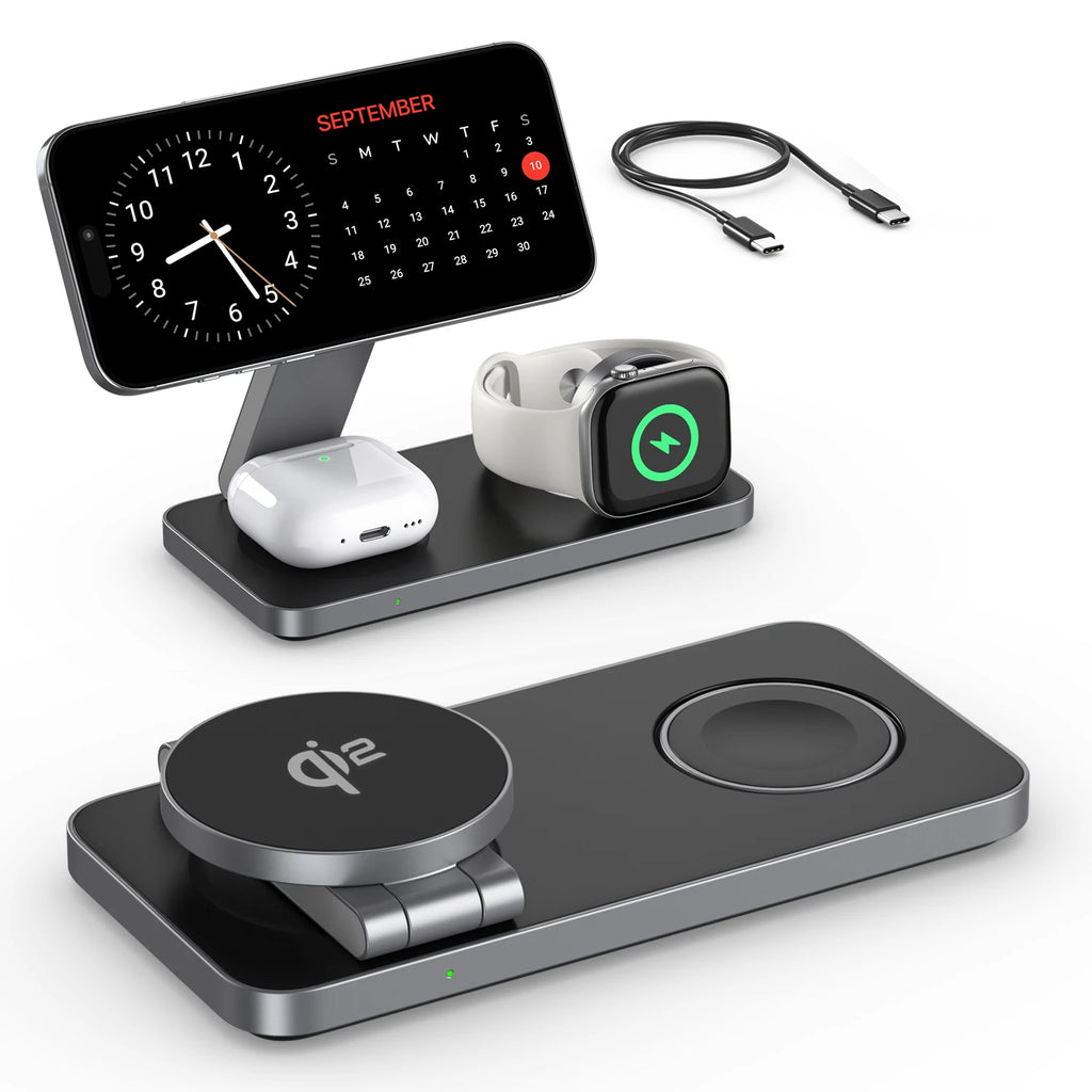 3-in-1 Qi2 Magnetic Wireless Charger for iPhone 12–16, iWatch 5–10 & AirPods Pro